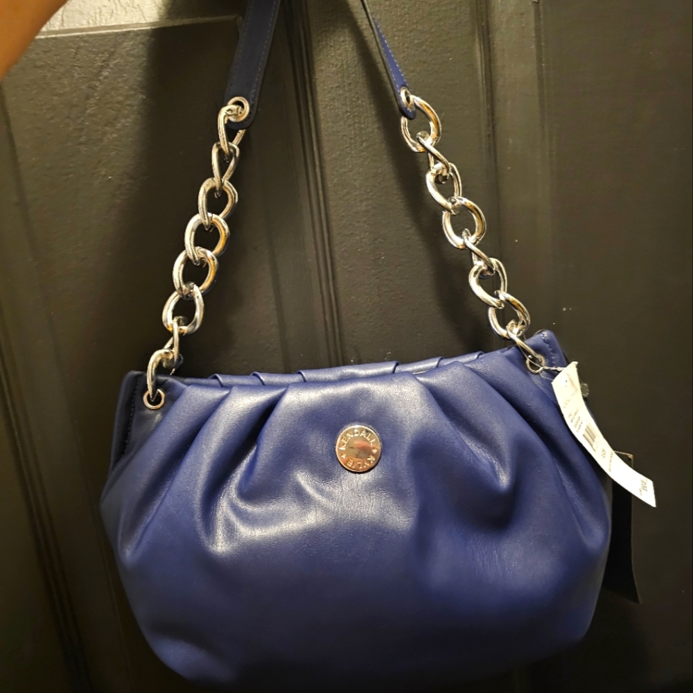 Kendall +Kylie Dark Blue Purse with Chain Shoulder Strap